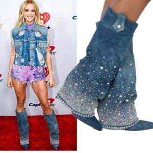 AZALEA WANG "Carrie Underwood" Allo Denim Jeweled Boots NWT